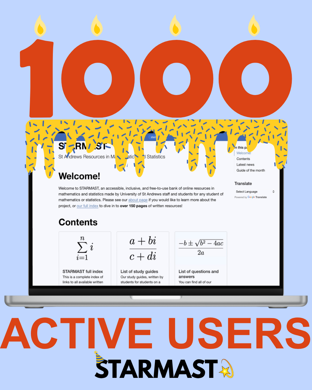 Graphic celebrating 1,000 active users of STARMAST. The number ‘1000’ appears at the top as large red candles with yellow icing. Below is an open laptop displaying the STARMAST website with a welcome message and mathematical content. At the bottom, the text ‘ACTIVE USERS’ is written in bold red letters above the STARMAST logo.