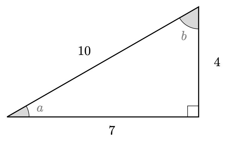 Right-angled triangle with side lengths $4,7,10$, used in Example 1.