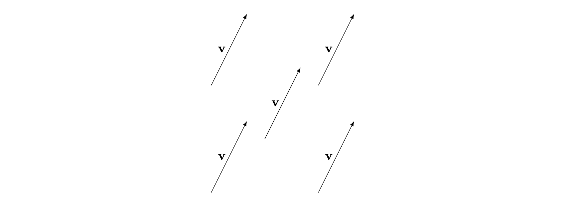 Five copies of the vector $\mathbf{v}$, each with a label of a bold v.