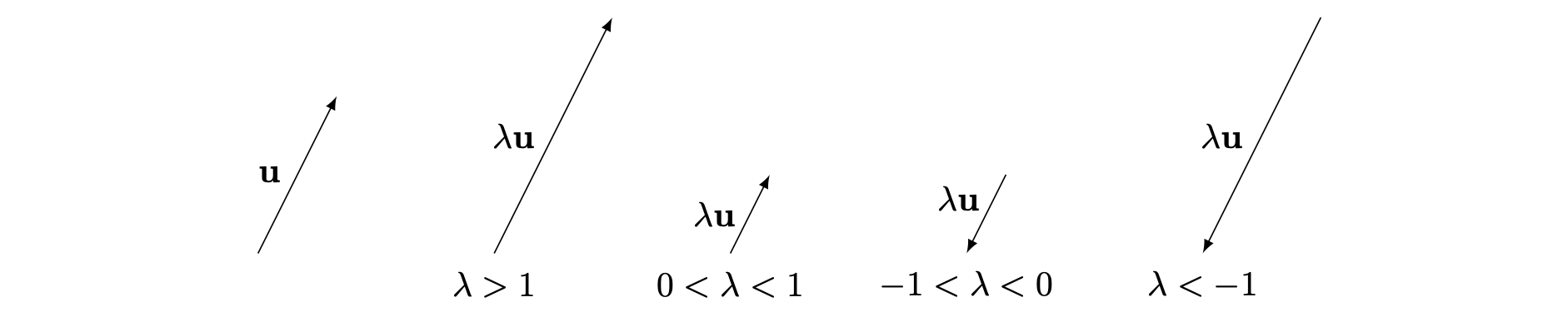 There are five vectors side by side. Going from left to right, the first shows the general vector u. The second shows the vector lambda u, where lambda is larger than one. The vector is lambda times longer than the vector u, pointing in the same direction. The third vector shows the vector lambda u, where lambda is between one and zero. The magnitude of the vector is shorter than the original vector u by a factor of 1/lambda. The fourth vector shows lambda u, where lambda is between negative one and zero. The magnitude of the vector is shorter than the original vector u by a factor of 1/lambda, and the direction of the vector is reversed. The fifth vector shows the vector lambda u, where lambda is smaller than negative one. The magnitude of the vector is longer than the original vector u by a factor of lambda, and direction of the vector is inverted.